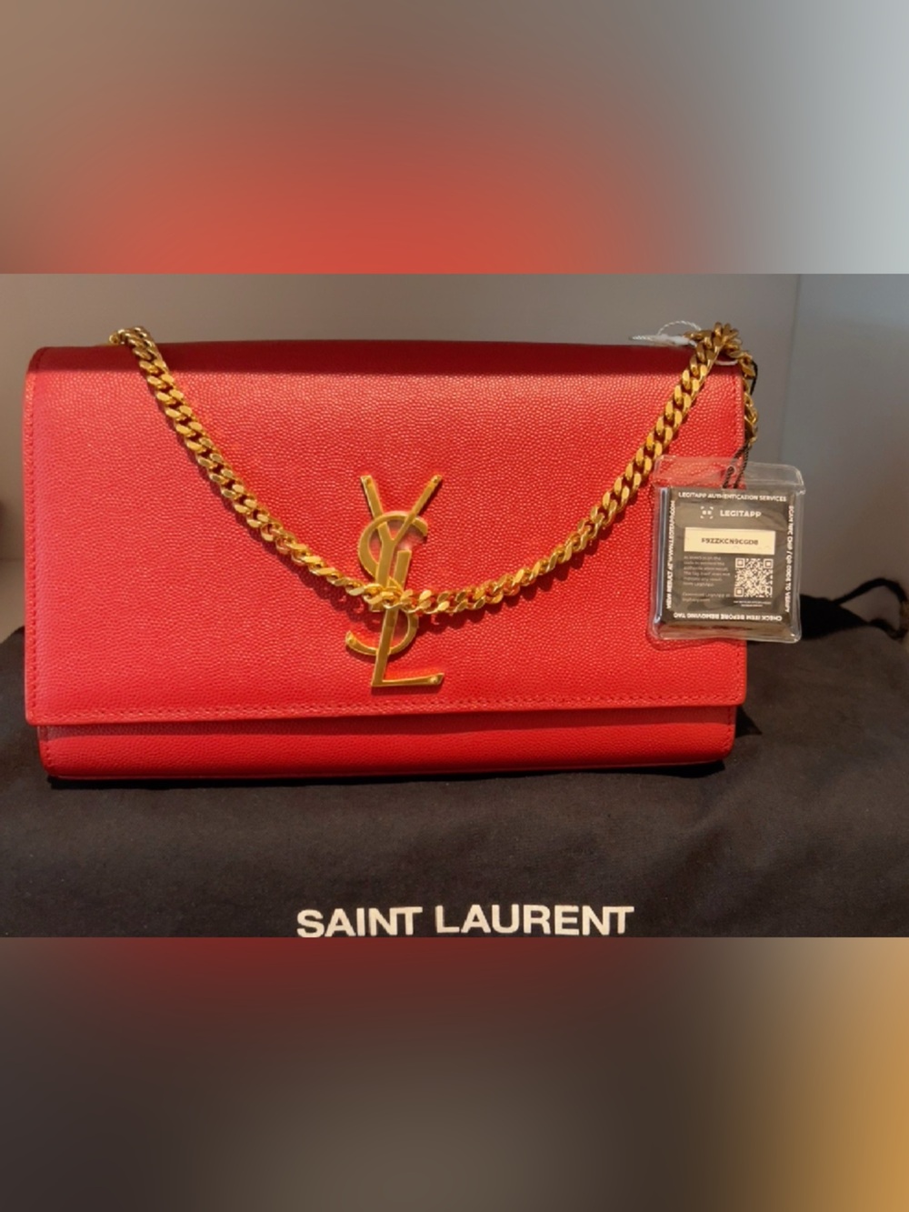Authentic Saint Laurent Red Kate Grained Leather Bag with Gold YSL Hardware COA